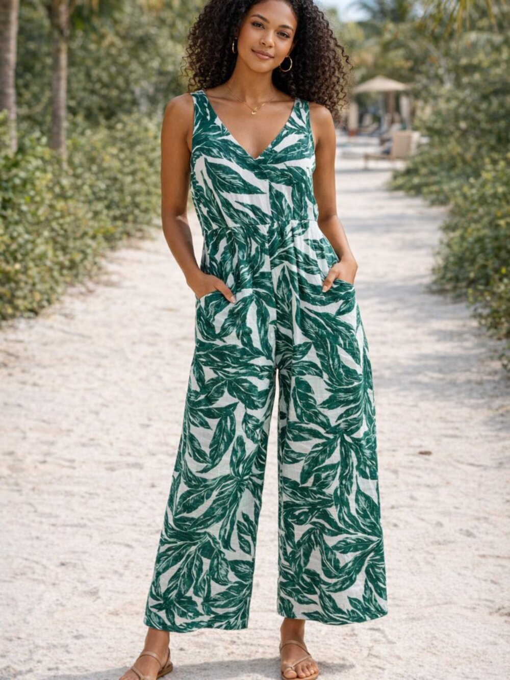 WWW Sleeveless Green Leaf Print Linen Jumpsuit